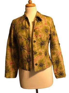 Acorn 100% Silk Floral Embroidered Spring Jacket Blazer Green Pink Size 2